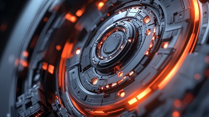Poster - Futuristic circular mechanism rotating with orange lights