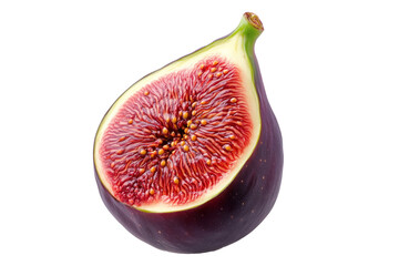 Wall Mural - Detailed closeup of ripe fig sliced in half, showing its vibrant flesh and seeds, isolated on white transparent background, concept of fresh fruit