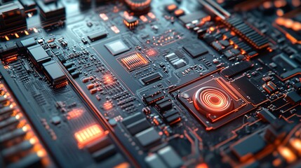 Poster - Futuristic circuit board pulsating with orange light and data flow