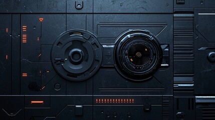 Poster - Futuristic metallic panel showing rotating mechanisms and orange lights