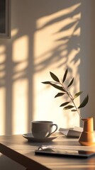 Wall Mural - Golden Sunlight Bathes a Cozy Morning Space with a Cup of Coffee and a Plant