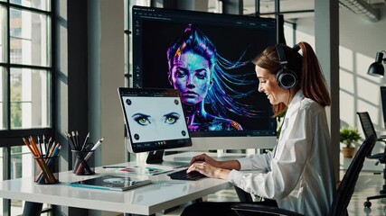 Poster - Creative digital artist working on colorful design in modern studio with large monitor and headphones