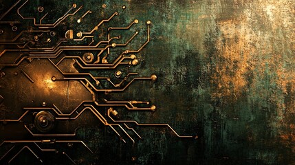 Poster - Golden metallic circuit board embedded in grunge textured wall representing electronic engineering