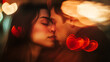 © Jhati - Romantic couple sharing a kiss on Valentine's Day with glowing heart-shaped lights