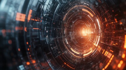 Leinwandbilder - Futuristic technology tunnel glowing with orange light and data flowing
