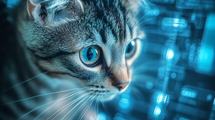 Fototapete - Curious cat observing futuristic blue technology background