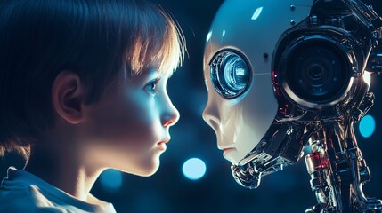 Poster - Curious child observing advanced humanoid robot's face: exploring artificial intelligence