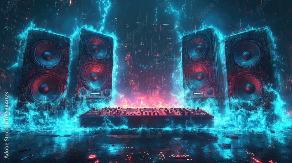 Speakers with electrical effects around digital music equipment. Stock ...