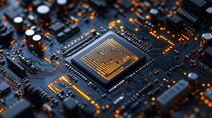 Poster - Cpu processing data on motherboard with orange lights