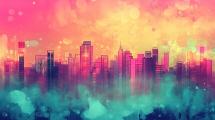 Wall Mural - Dynamic retro cityscape with bold outlines and vibrant glowing signs