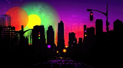 Wall Mural - City skyline with vibrant neon signs glowing against soft liquid textures