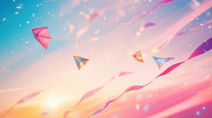 Wall Mural - Bold kites with ribbons glow in a pink-blue sky with liquid textures