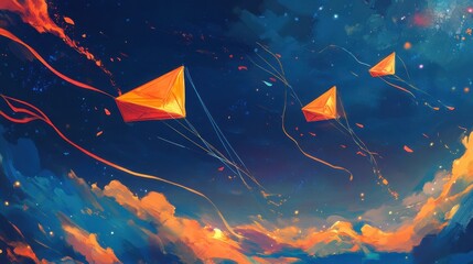 Wall Mural - Colorful kites glow softly in a vibrant gradient with liquid textures