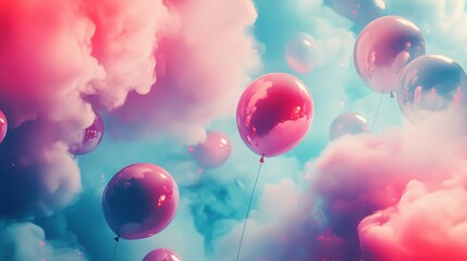 Wall Mural - Bright balloons float softly in a gradient of pink and deep blue