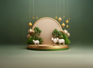 Elegant 3D rendering of a festive scene with two sheep flanking a circular display, adorned with gold and green elements, ideal for celebratory occasions.