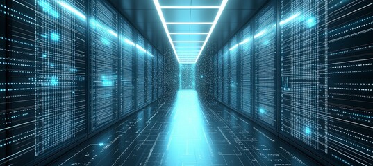 Fototapete - Server data center room corridor with speed motion effect. Hardware computing infrastructure system. Generative AI technology.	
