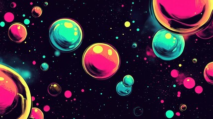 Wall Mural - Bright pink and lime bubbles float dynamically on a dark canvas