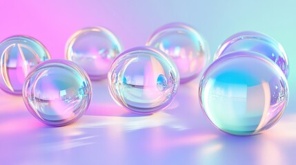 Wall Mural - Shiny metallic items encased in bubbles glow on a turquoise gradient