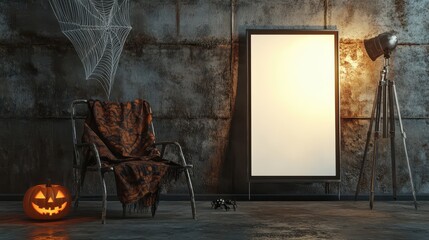 Poster - Steel wall with blank sign glowing pumpkin and sleek Halloween decor