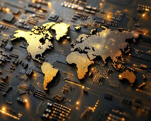 Gold world map elements intricately designed on a microchip background, showcasing the fusion of global geography and cuttingedge technology