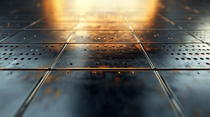 Fototapete - Rusty metallic tiles creating a futuristic floor reflecting warm light