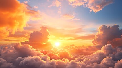 Wall Mural - vibrant sunset above fluffy clouds, aerial view.