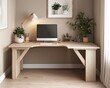 © Hamza - Corner workspace with a simple beige desk and wood accents for a clean and calm setup.