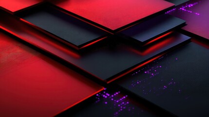 A 3D red and black abstract background with overlapping layers, decorated with glowing purple square patterns and a deep dark space.