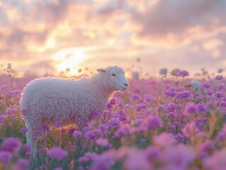 Wall Mural - Sheep in Purple Flowers Field