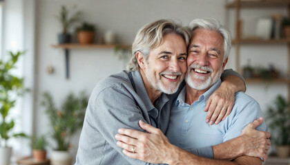 Wall Mural - Happy healthcare worker hugging a senior man at home and support encouraging old people. A happy patient is holding the caregiver for a hand while spending time together. Elderly health care concept.