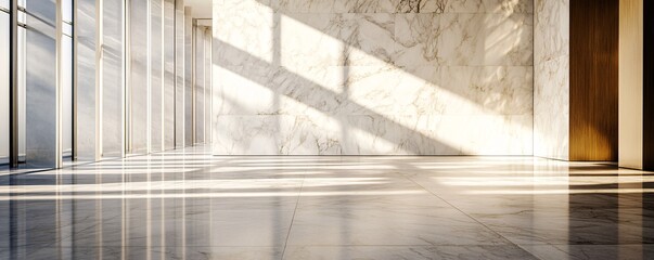 Aufkleber - Sunlight illuminating empty modern lobby with marble walls and tiled floor