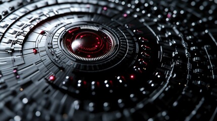 Poster - Futuristic red camera lens scanning data on a circular motherboard