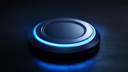 Leinwandbilder - Blue light emitting from futuristic round button on dark background