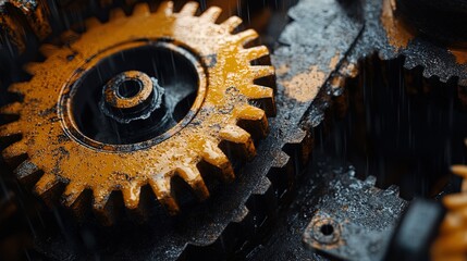 Wall Mural - Detailed close-up of oil-covered gears in motion, rustic and worn textures