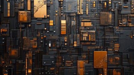 Poster - Futuristic motherboard forming a technological background with gold and black details