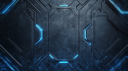 Poster - Futuristic metal panel with glowing blue lights illuminating dark background
