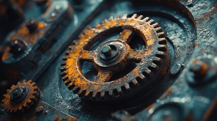 Wall Mural - Close-up of rusted gears and cogs in motion, gritty mechanical textures and warm lighting