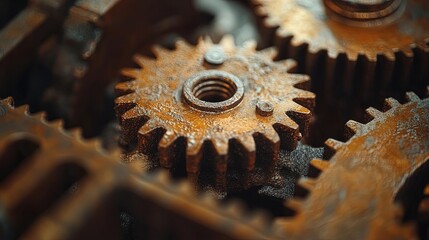 Wall Mural - Close-up of rusted gears and cogs in motion, gritty mechanical textures and warm lighting