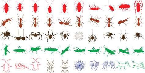 Wall Mural - Colorful insect and spider illustrations include ants, cockroaches, spiders, grasshoppers, beetles, and webs. Perfect insect vector for biology, pest control, and educational designs