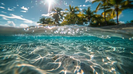 Wall Mural - Captivating turquoise ocean waves meeting a warm, sandy shoreline under bright tropical skies, offering a serene summertime beach background for travel and vacation designs