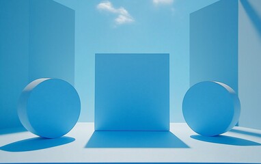 Poster - Minimalist blue geometric shapes, sunlight, studio.