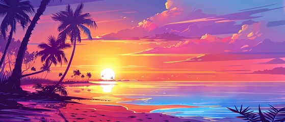 Wall Mural - tropical beach with palm trees, serene sea waves, and a vibrant sunset sky at a summer resort destin