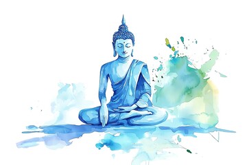 Wall Mural - Serene Watercolor Painting of Buddha in Meditation Pose Against an Abstract Blue and Green Background.