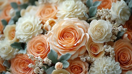 Close-up of a bouquet of peach and cream artificial roses and other flowers.