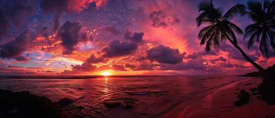 Wall Mural - stunning panoramic tropical sunset with silhouetted palm trees against vibrant sky over serene ocean