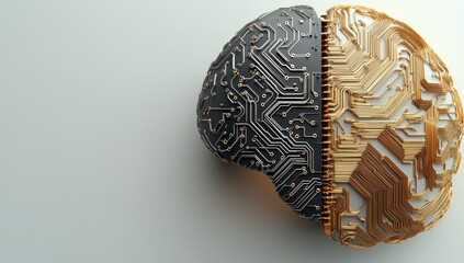 Wall Mural - Brain Made of Circuit Board, Half Grey and Half White, Symbolizing AI Creation in Computer Technology