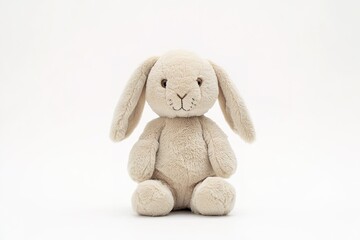 plush bunny toy with soft beige tones sitting upright on white background for minimalist look