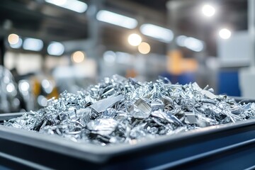 Wall Mural - recycling bin filled with scrap aluminum with softly blurred industrial tools and bright lights