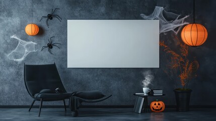 Poster - Blank sign framed by creepy webs and Halloween lights on cement wall