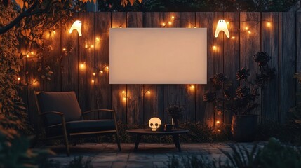 Poster - Spooky Halloween-themed sign on a rustic fence with glowing decor